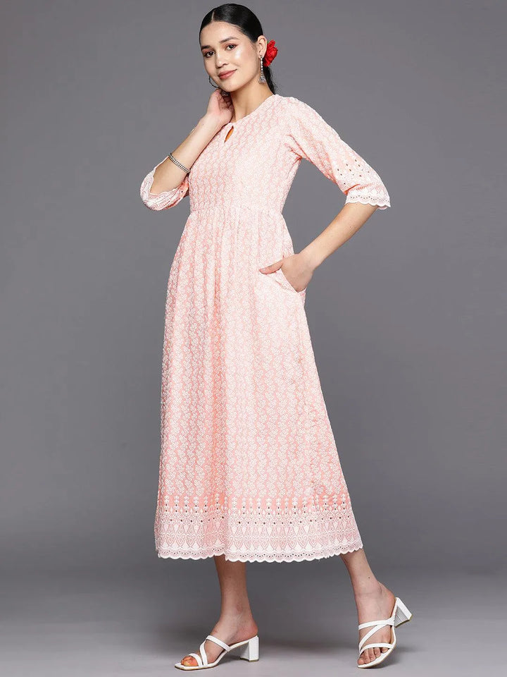 Peach Embroidered Cotton Fit and Flare Dress - Libas