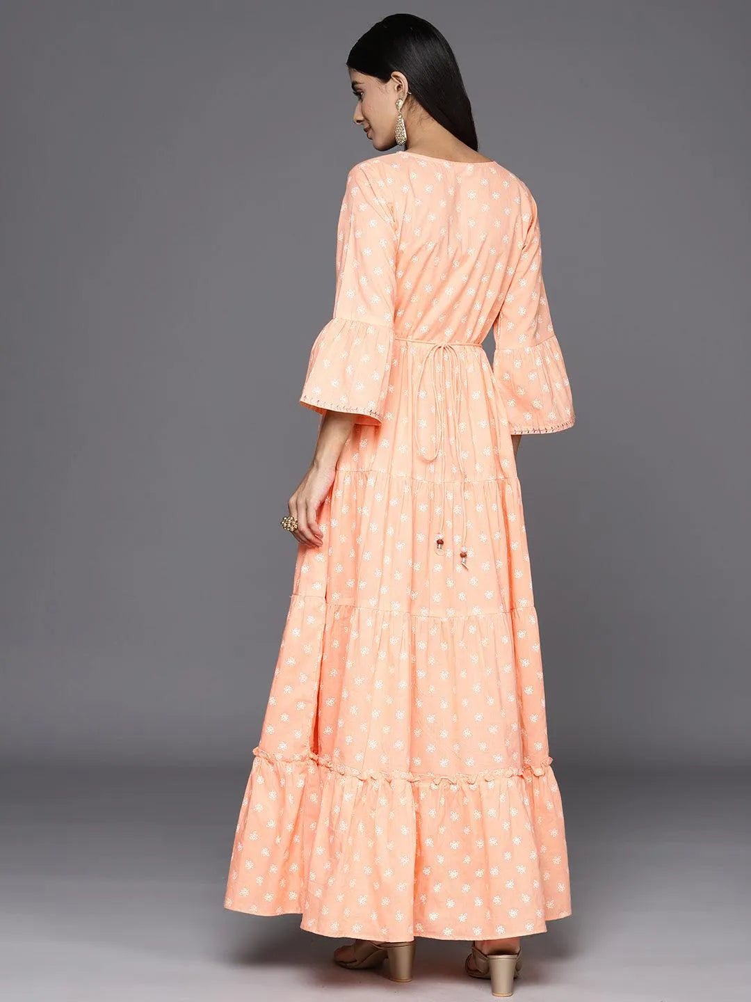 Peach Embroidered Cotton Fit and Flare Dress - Libas 