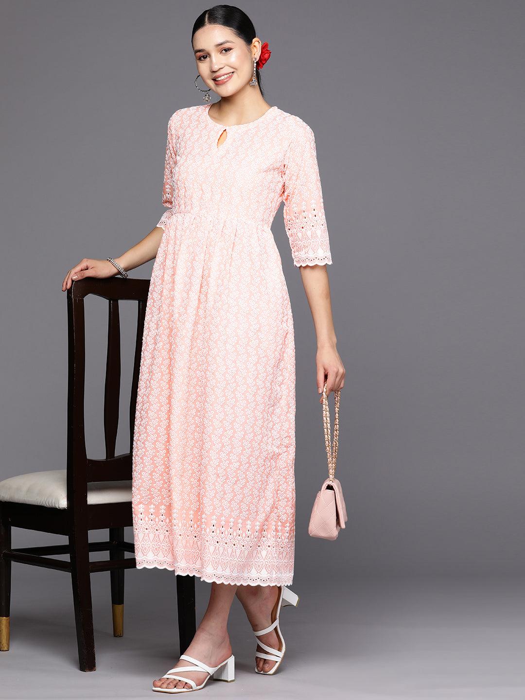 Peach Embroidered Cotton Fit and Flare Dress - Libas