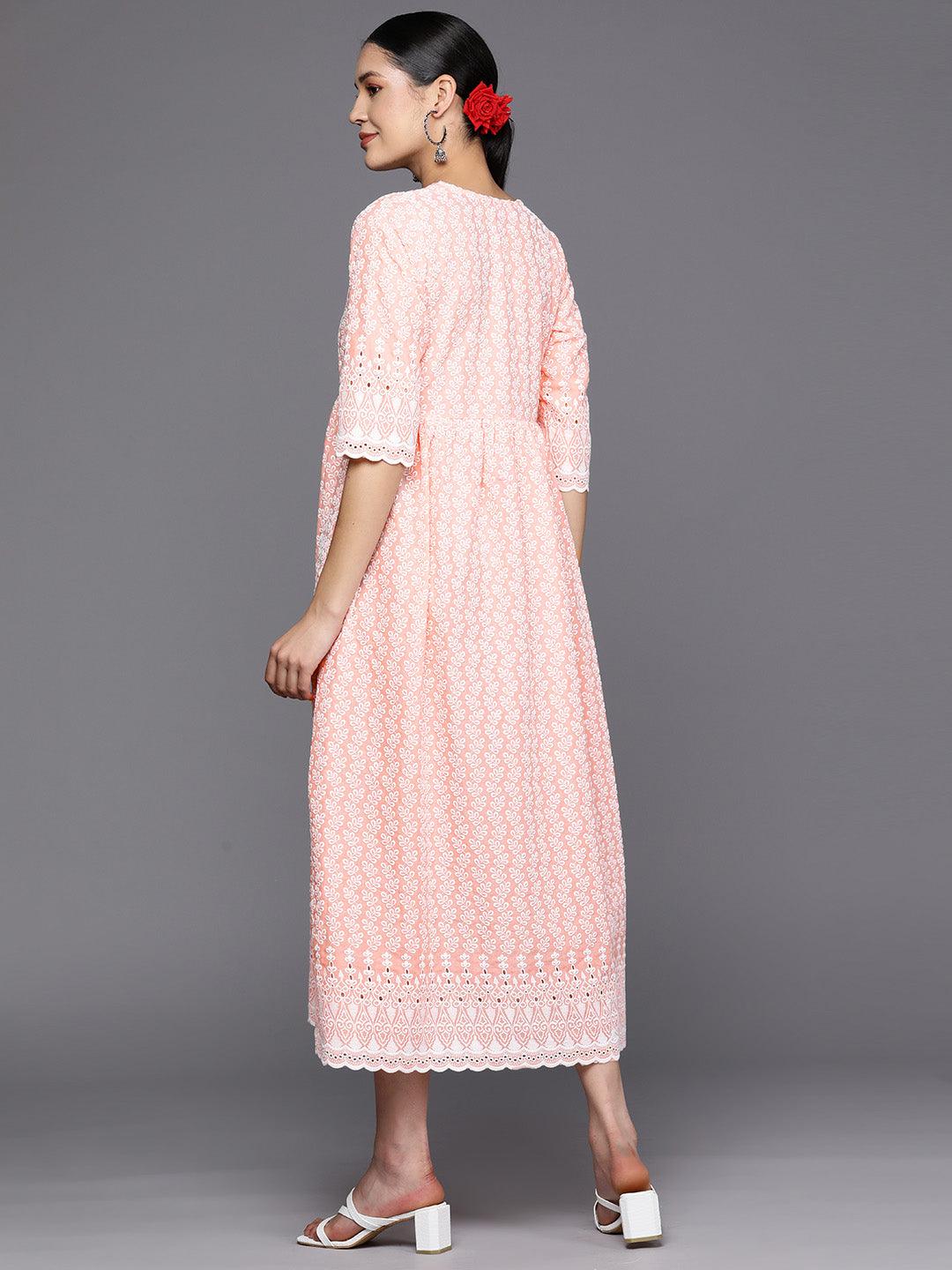 Peach Embroidered Cotton Fit and Flare Dress