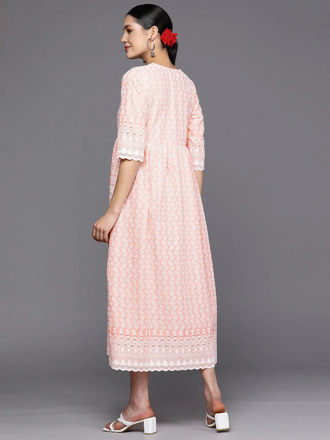 Peach Embroidered Cotton Fit and Flare Dress - Libas 