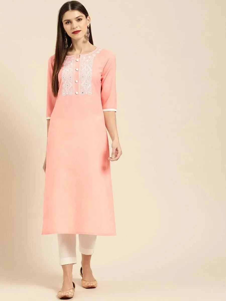 Peach Embroidered Cotton Kurta - Libas