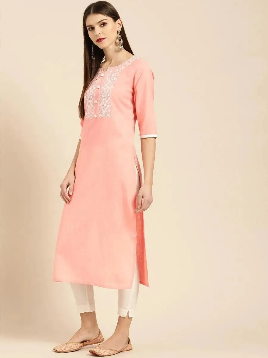 Peach Embroidered Cotton Kurta - Libas