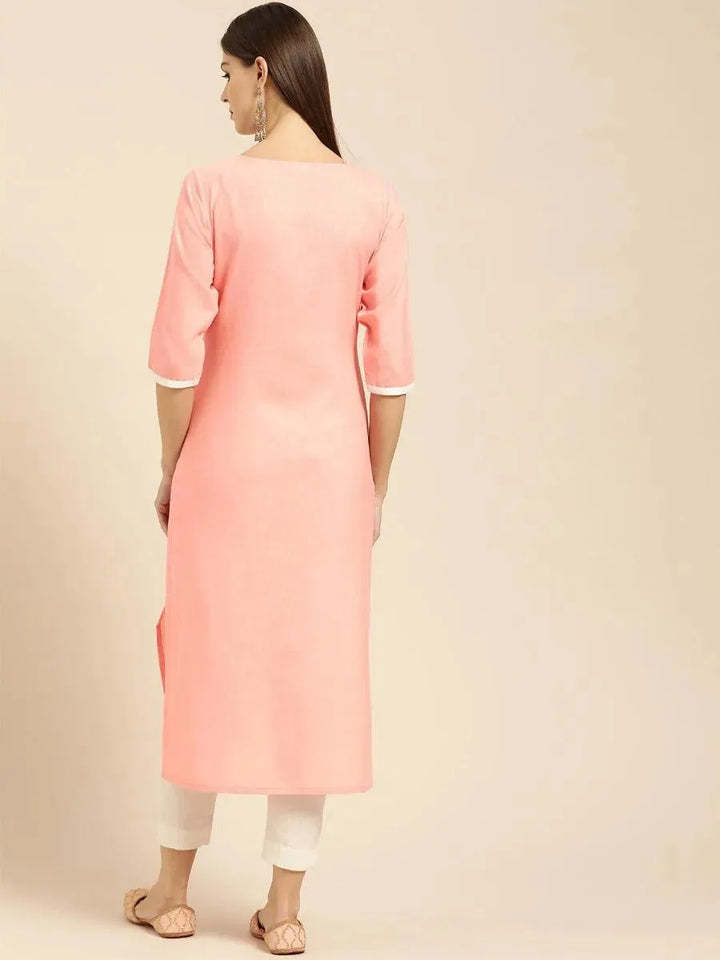 Peach Embroidered Cotton Kurta - Libas