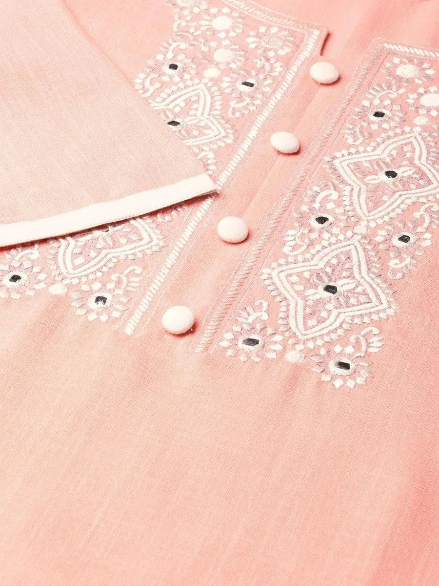 Peach Embroidered Cotton Kurta - Libas 
