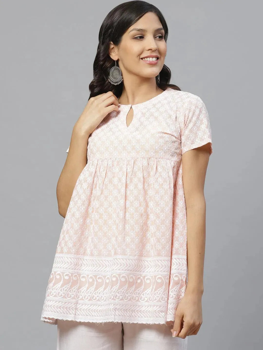 Peach Embroidered Cotton Kurti - Libas