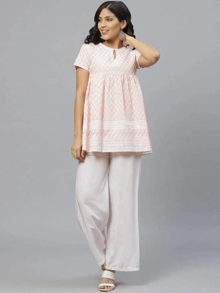 Peach Embroidered Cotton Kurti - Libas