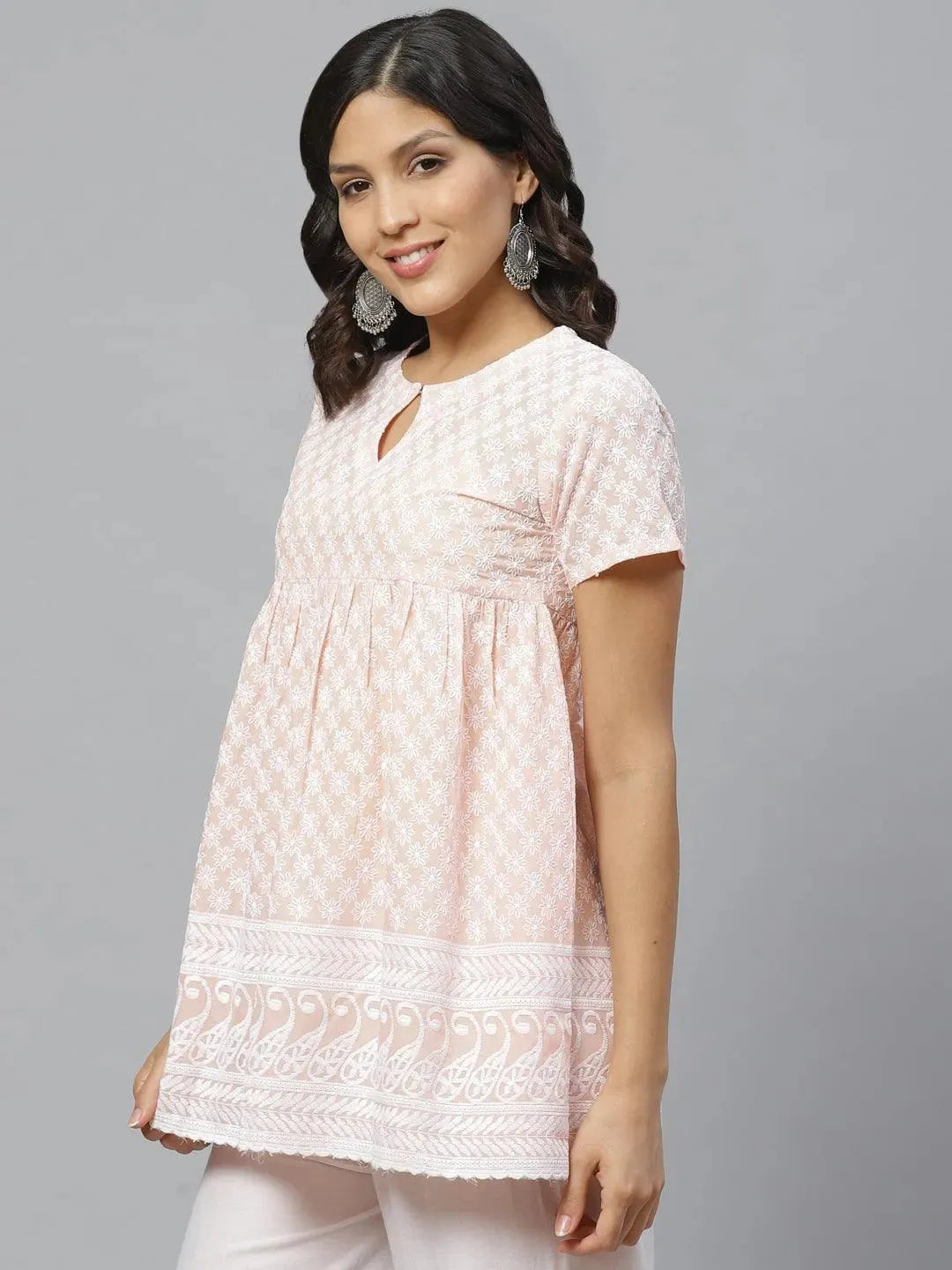 Peach Embroidered Cotton Kurti - Libas