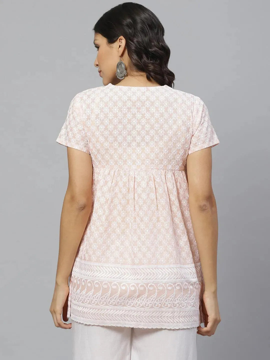 Peach Embroidered Cotton Kurti - Libas