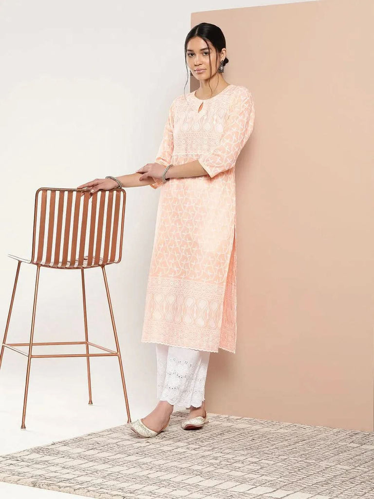 Libas Peach Embroidered Cotton Straight Kurta