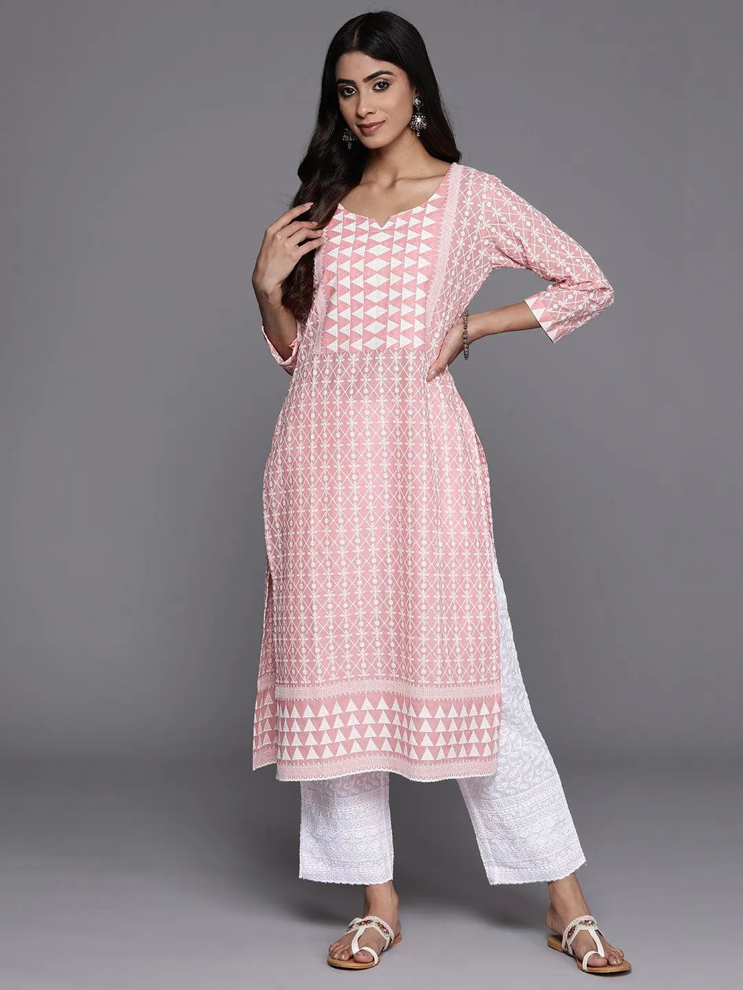 Peach Embroidered Cotton Straight Kurta - Libas 