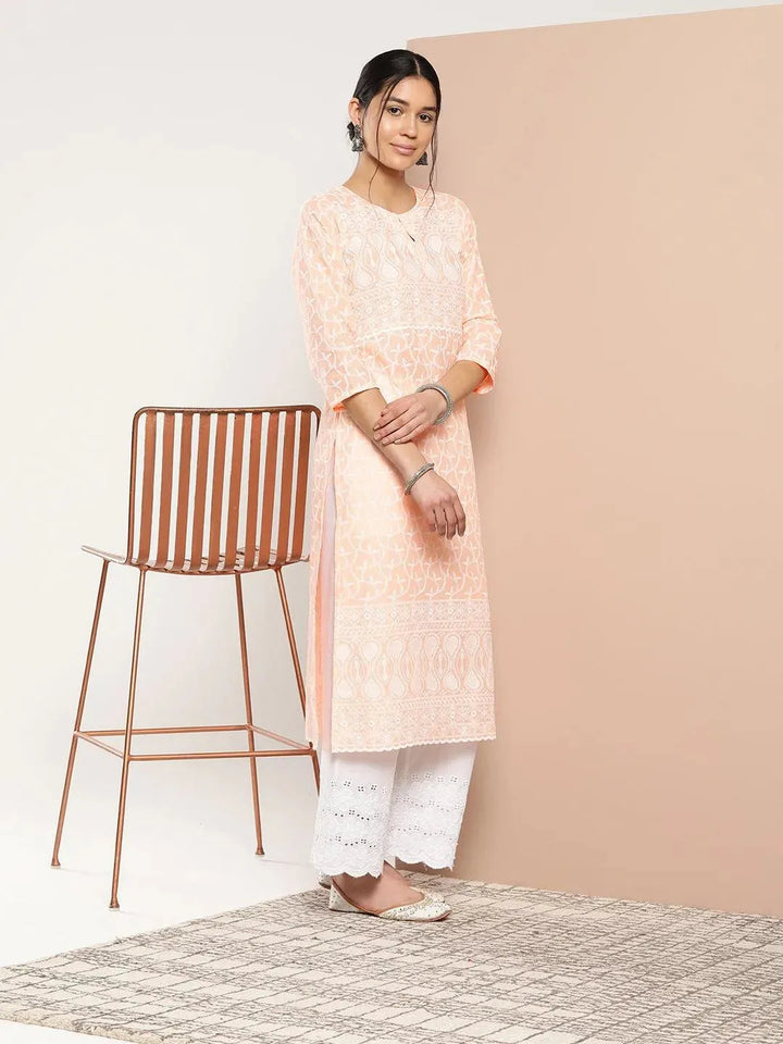 Peach Embroidered Cotton Straight Kurta - Libas