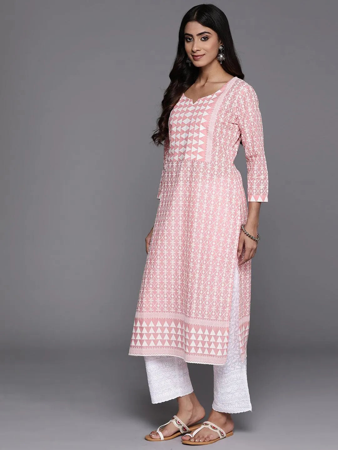 Peach Embroidered Cotton Straight Kurta - Libas 