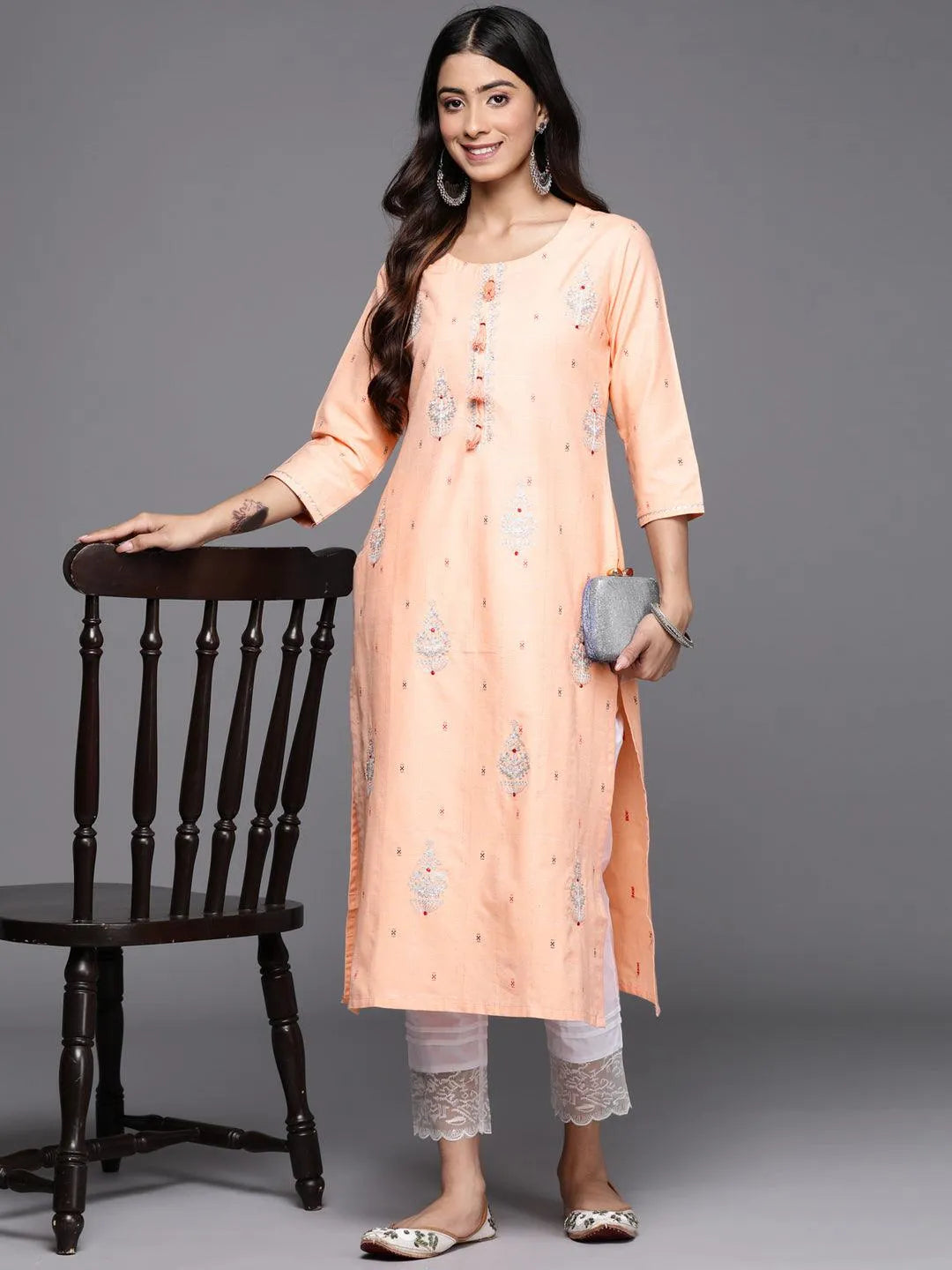 Peach Embellished Cotton Straight Kurta - Libas 