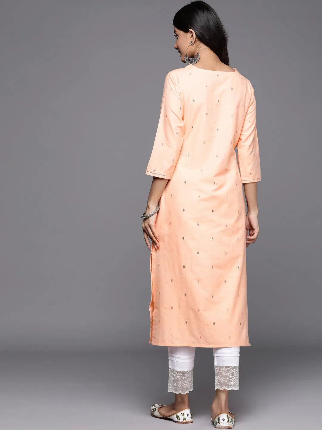 Peach Embellished Cotton Straight Kurta - Libas 