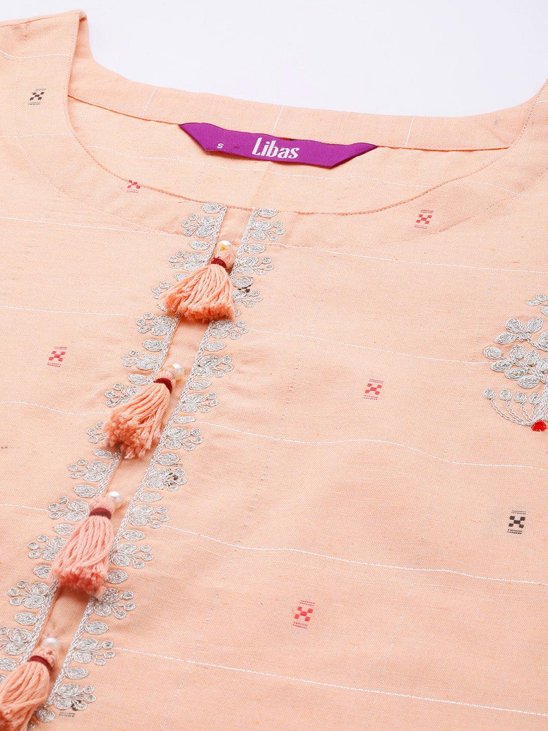 Peach Embellished Cotton Straight Kurta - Libas