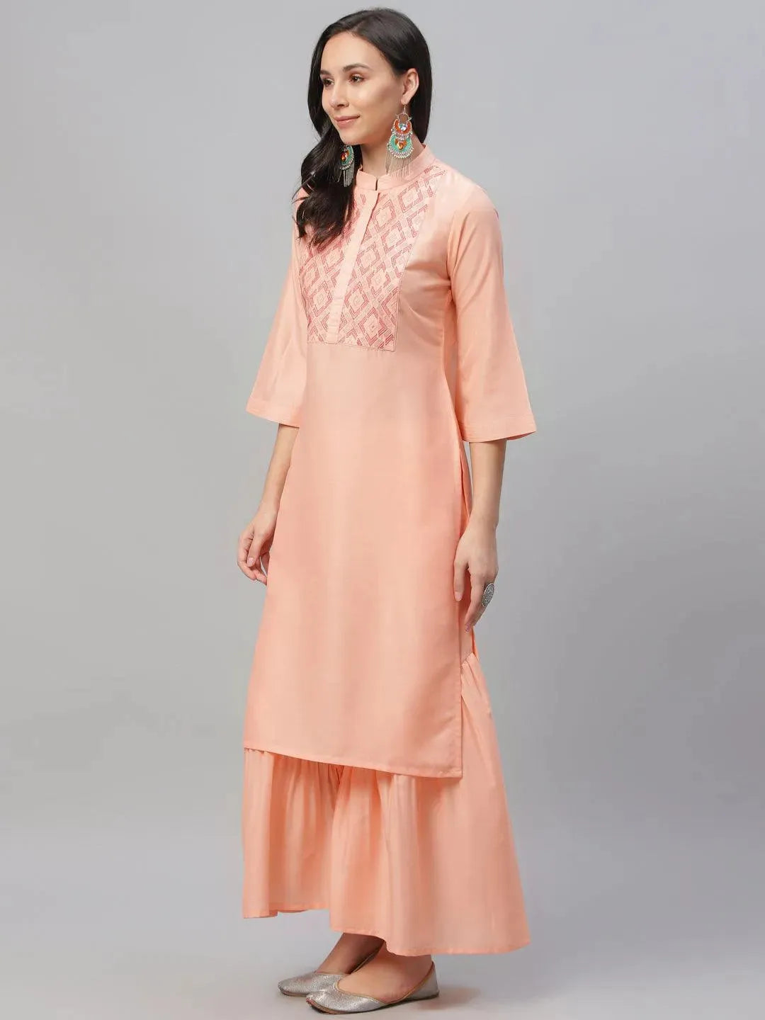 Peach Embroidered Crepe Kurta - Libas