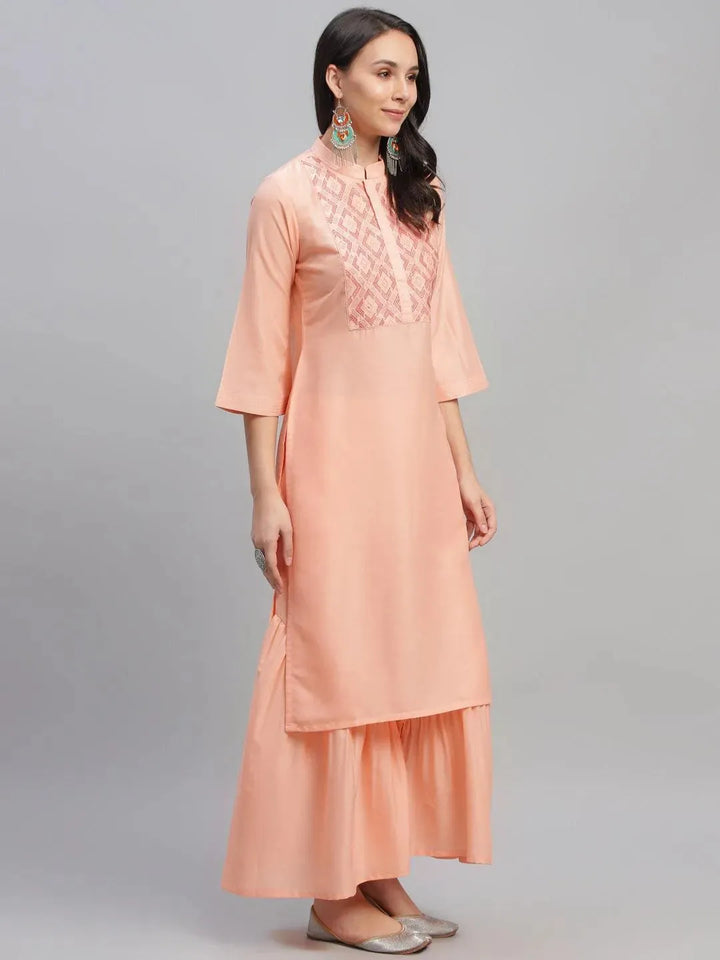 Peach Embroidered Crepe Kurta - Libas