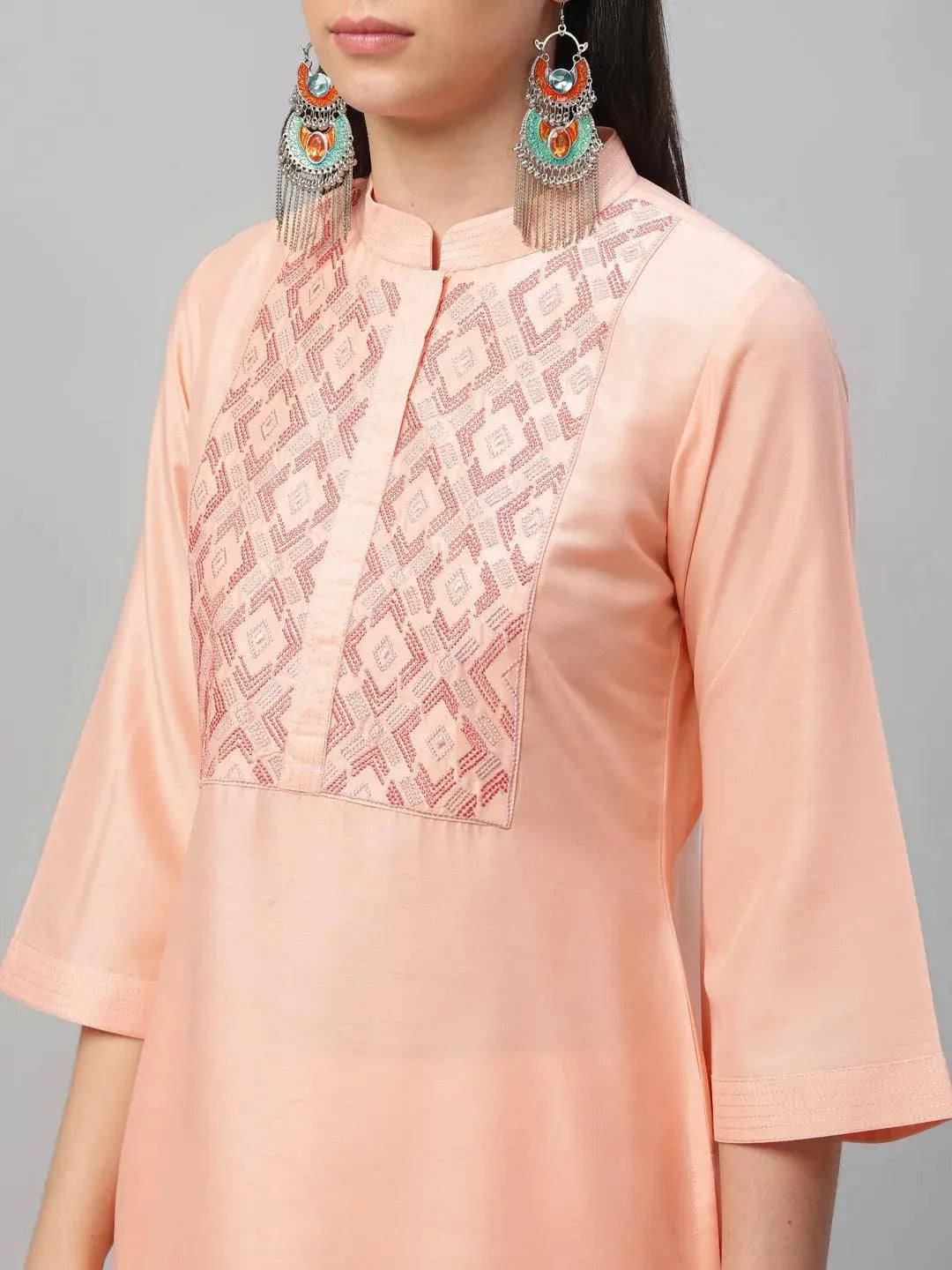 Peach Embroidered Crepe Kurta - Libas