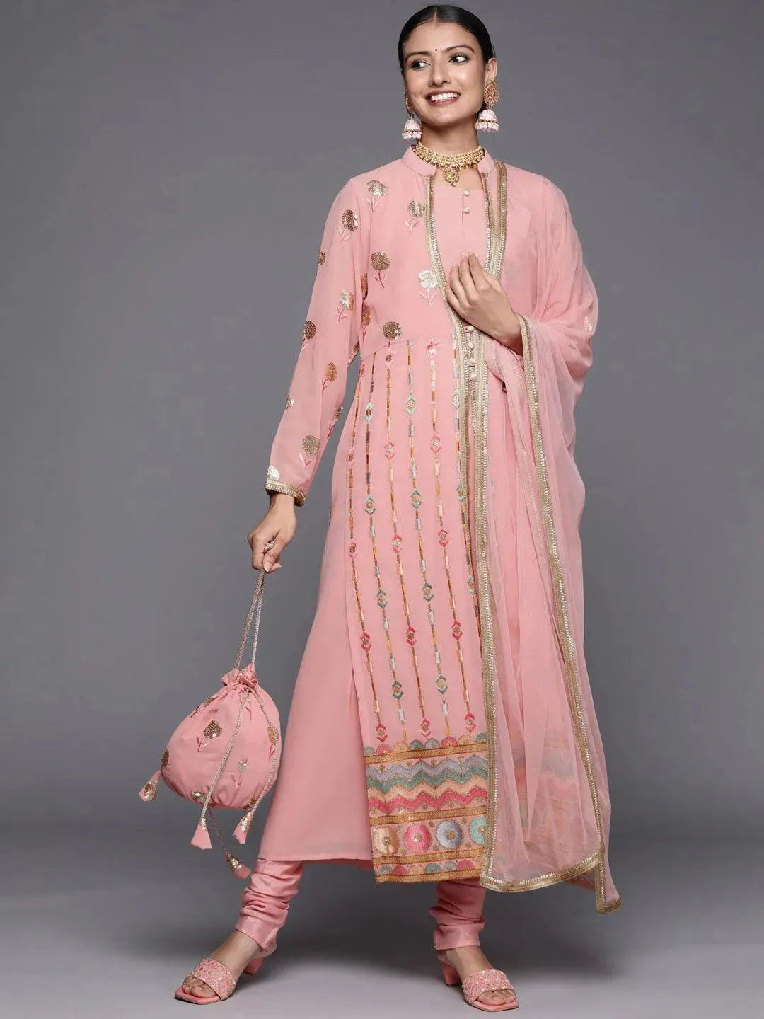 Peach Embroidered Georgette Pakistani Style Suit Set - Libas