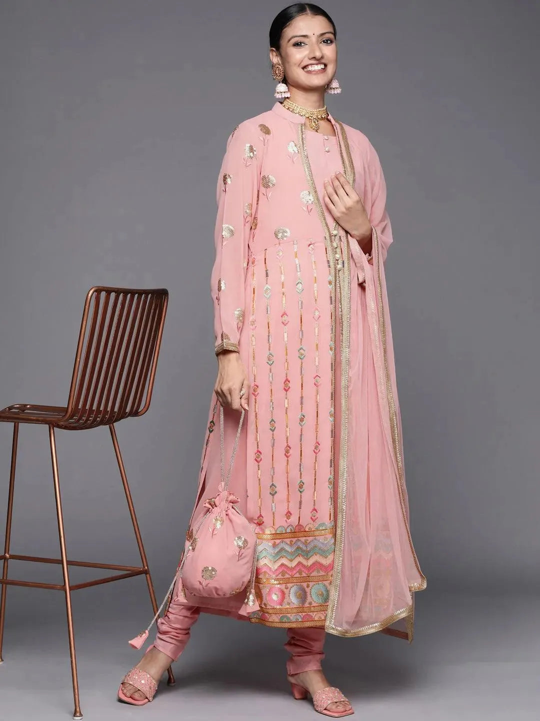 Peach Embroidered Georgette Pakistani Style Suit Set - Libas