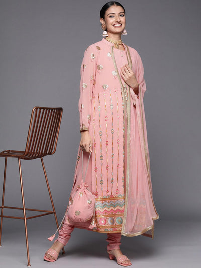 Peach Embroidered Georgette Pakistani Style Suit Set - Libas