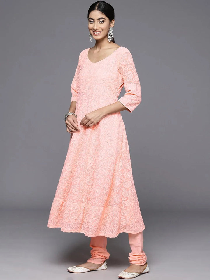 Peach Embroidered Georgette Anarkali Kurta With Churidar & Dupatta - Libas