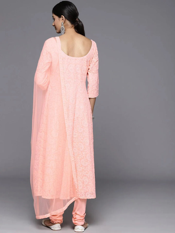 Peach Embroidered Georgette Anarkali Kurta With Churidar & Dupatta - Libas