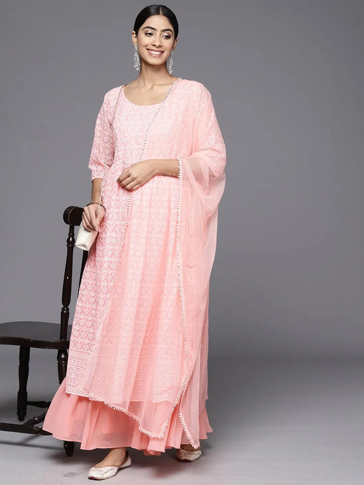 Peach Embroidered Georgette Anarkali Kurta With Palazzos & Dupatta - Libas