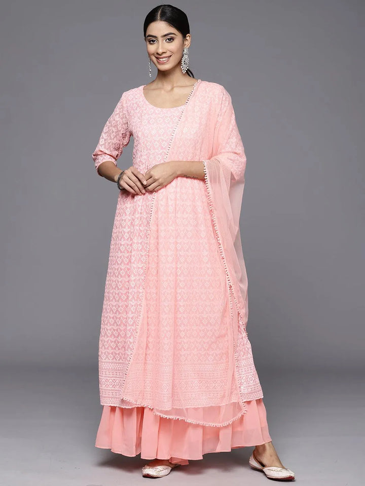 Peach Embroidered Georgette Anarkali Kurta With Palazzos & Dupatta - Libas