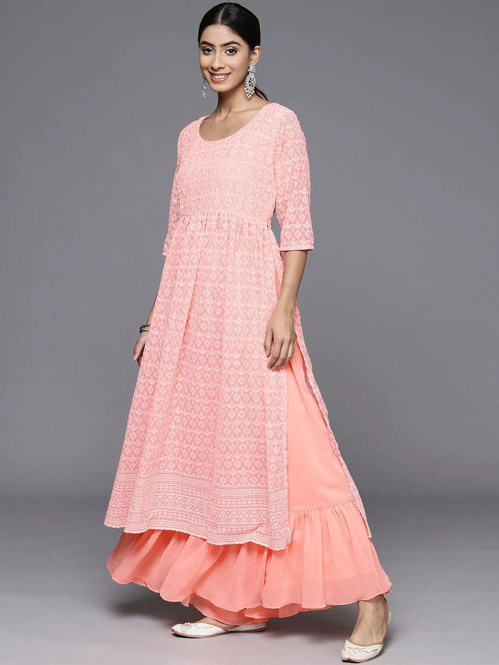 Peach Embroidered Georgette Anarkali Kurta With Palazzos & Dupatta - Libas