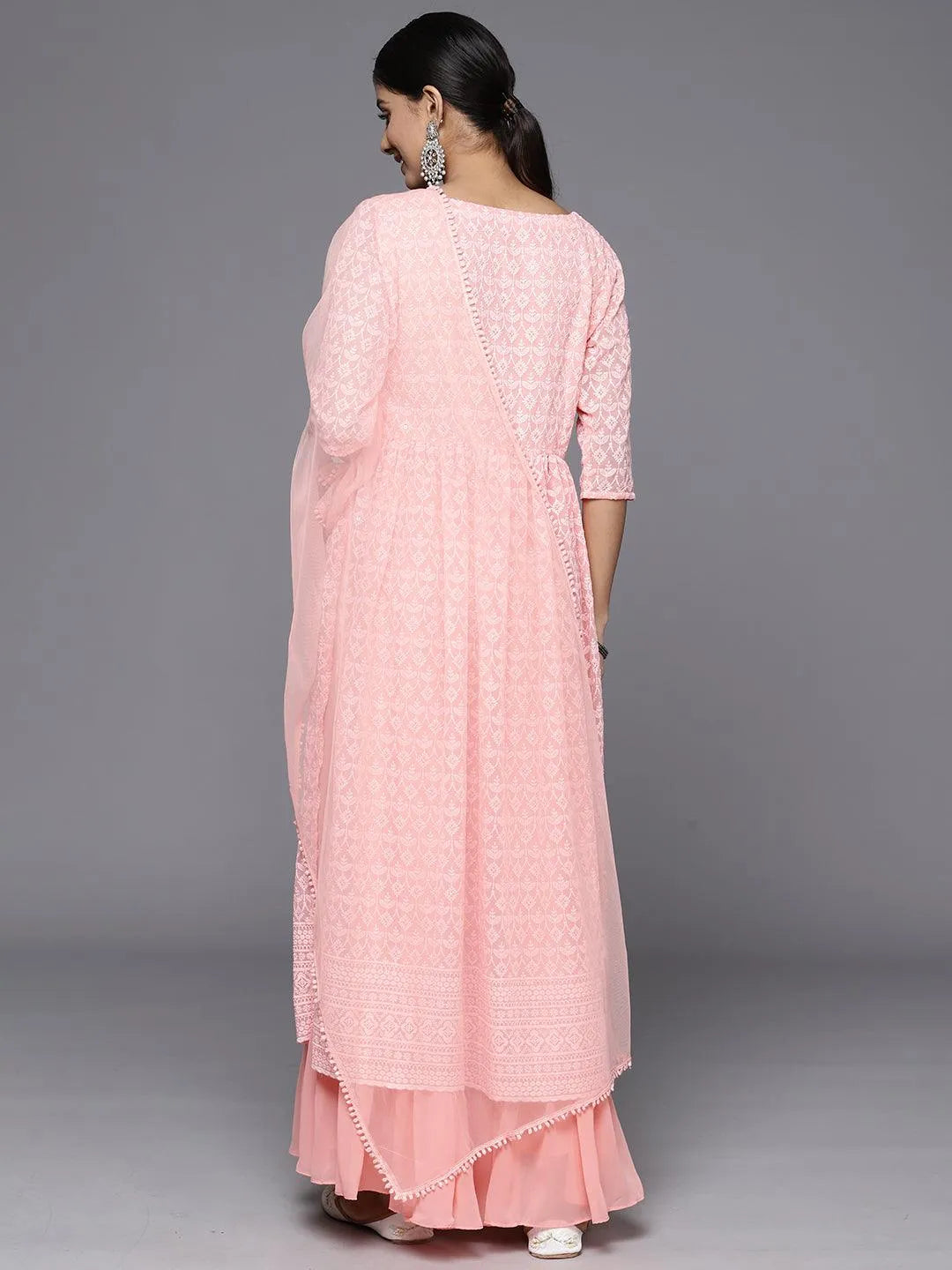 Peach Embroidered Georgette Anarkali Kurta With Palazzos & Dupatta - Libas 