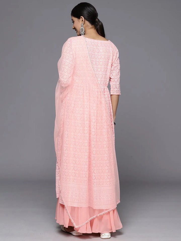 Peach Embroidered Georgette Anarkali Kurta With Palazzos & Dupatta - Libas