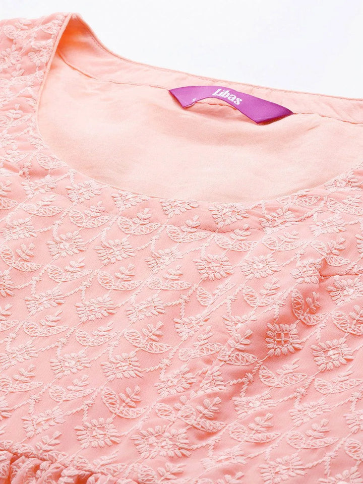 Peach Embroidered Georgette Anarkali Kurta With Palazzos & Dupatta - Libas