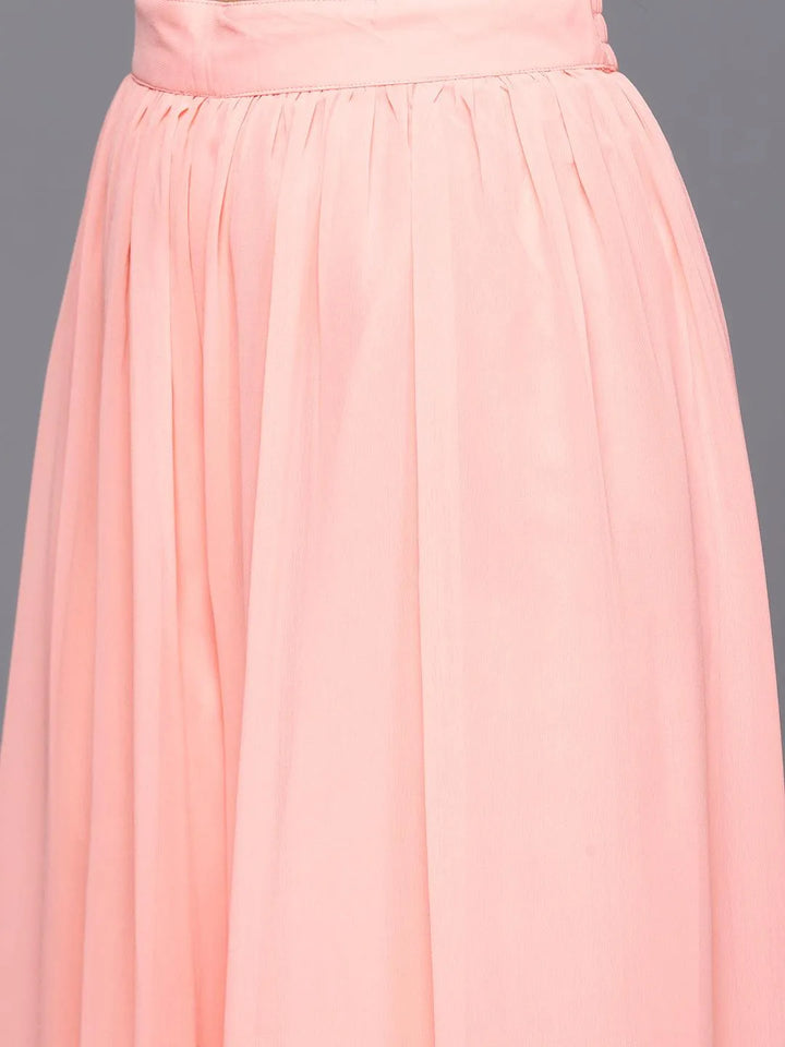 Peach Embroidered Georgette Anarkali Kurta With Palazzos & Dupatta - Libas