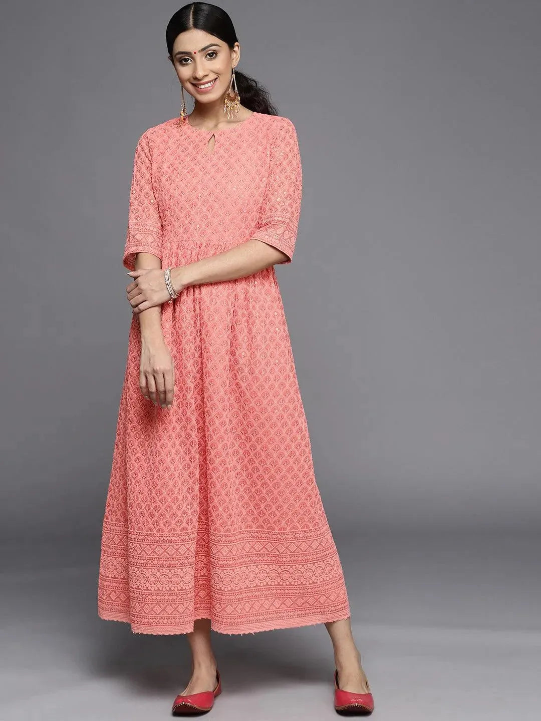 Peach Embroidered Georgette Dress - Libas 