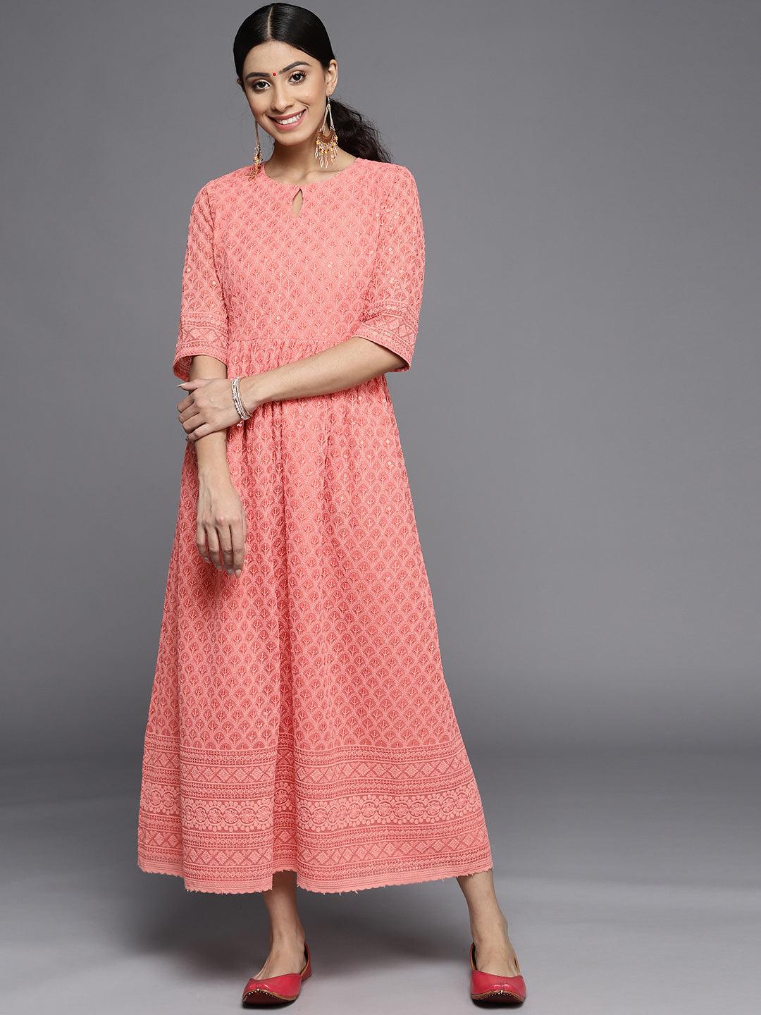 Peach Embroidered Georgette Dress - Libas