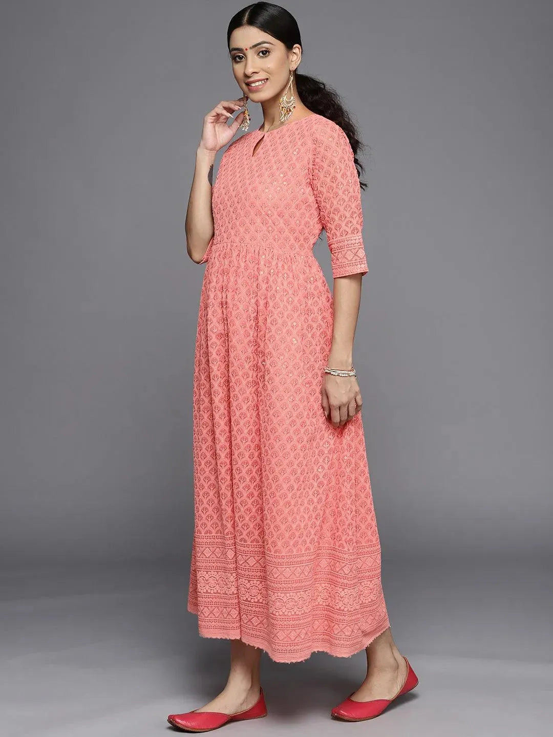 Peach Embroidered Georgette Dress - Libas