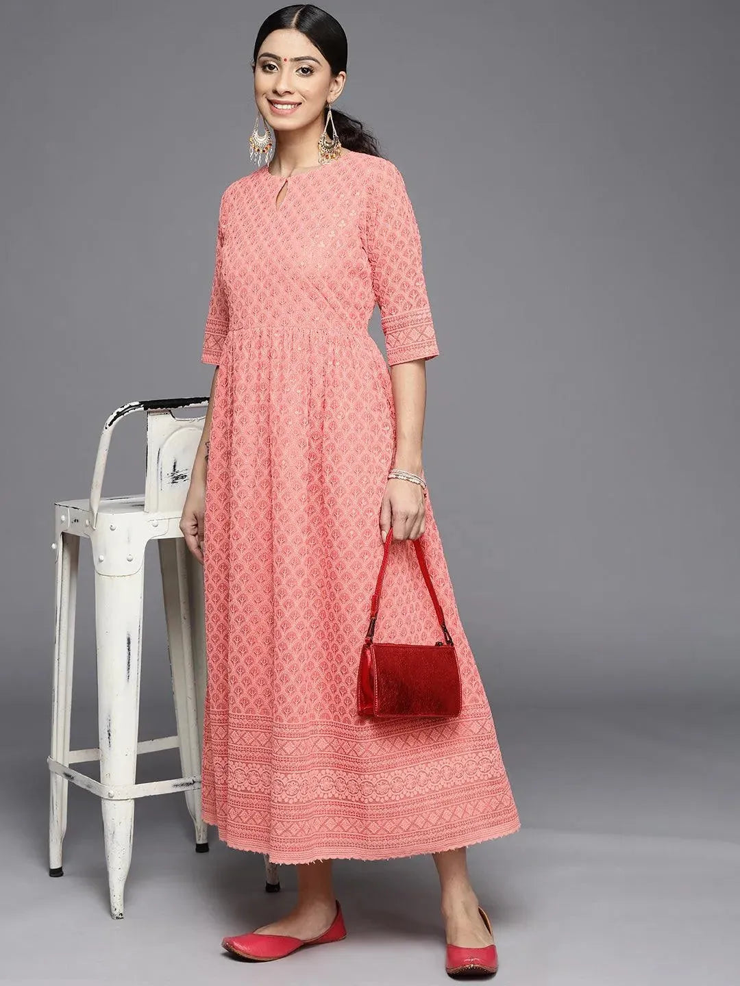 Peach Embroidered Georgette Dress - Libas