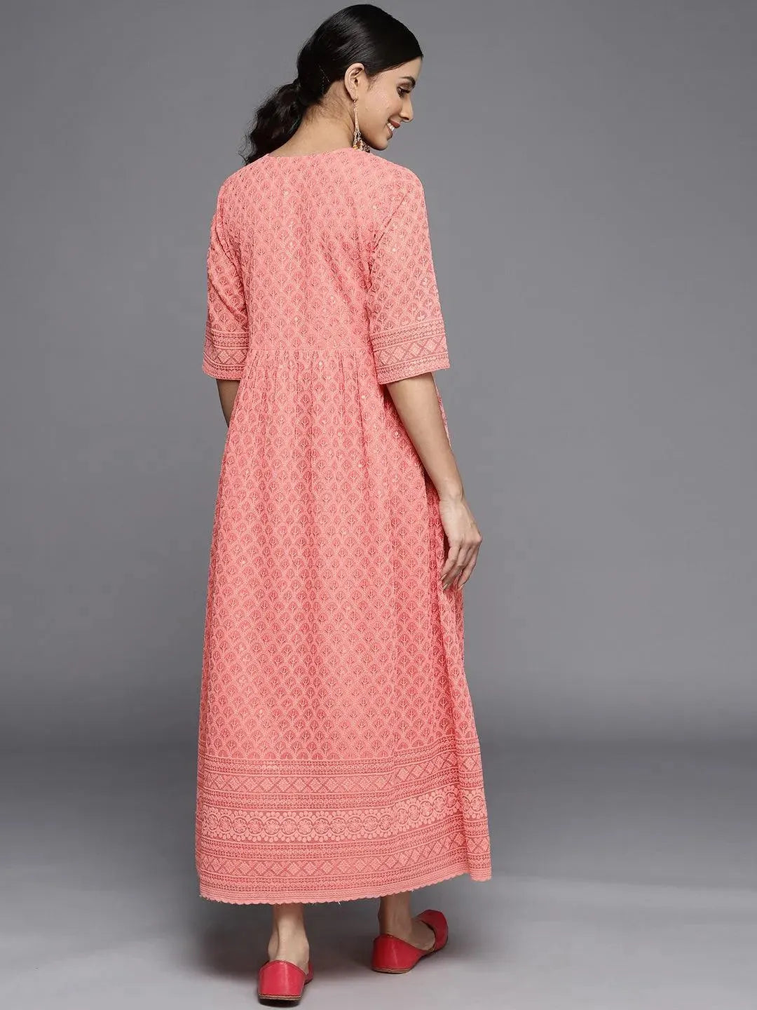Peach Embroidered Georgette Dress - Libas 