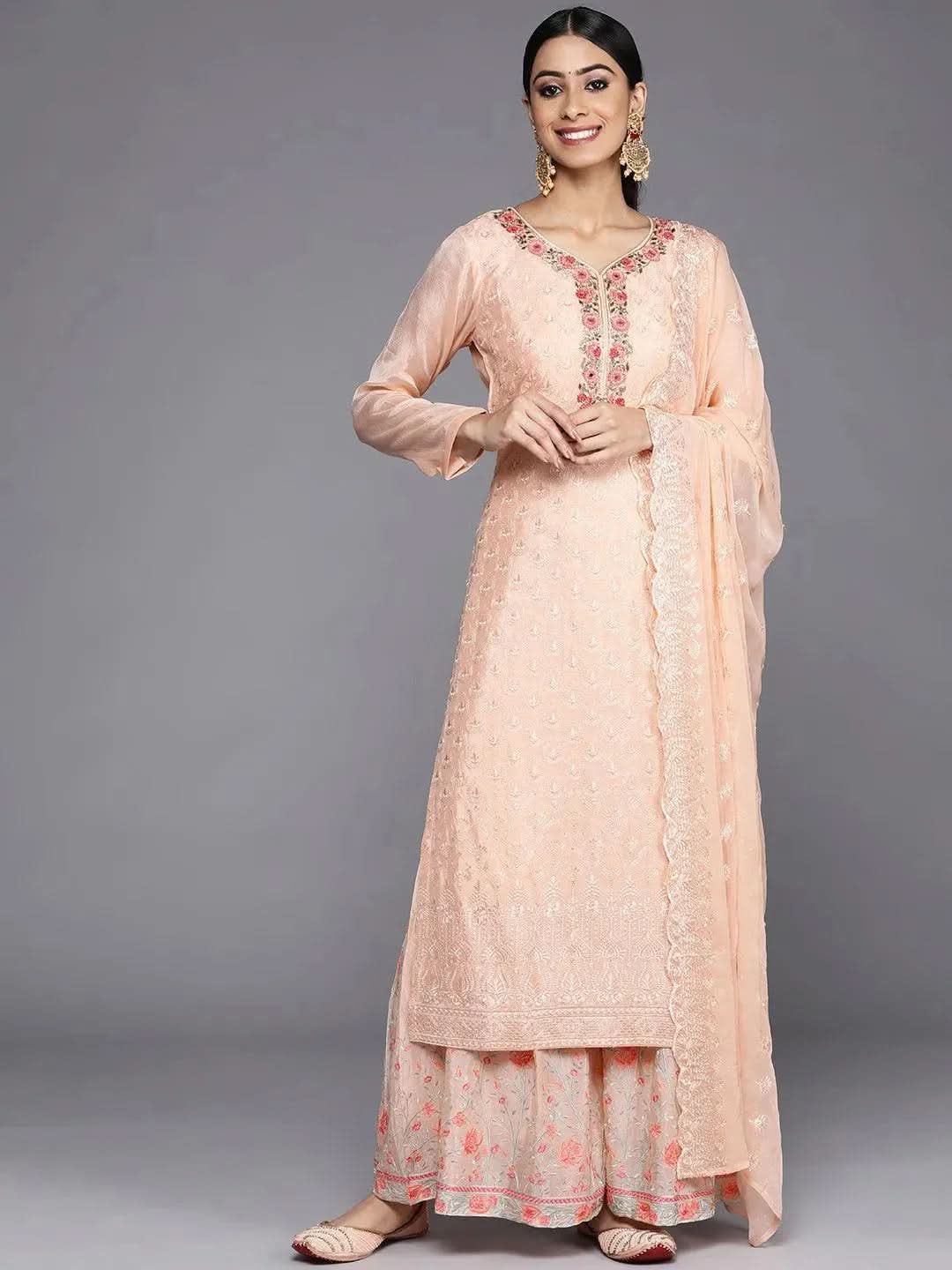 Peach Embroidered Poly Georgette Straight Suit Set - Libas 