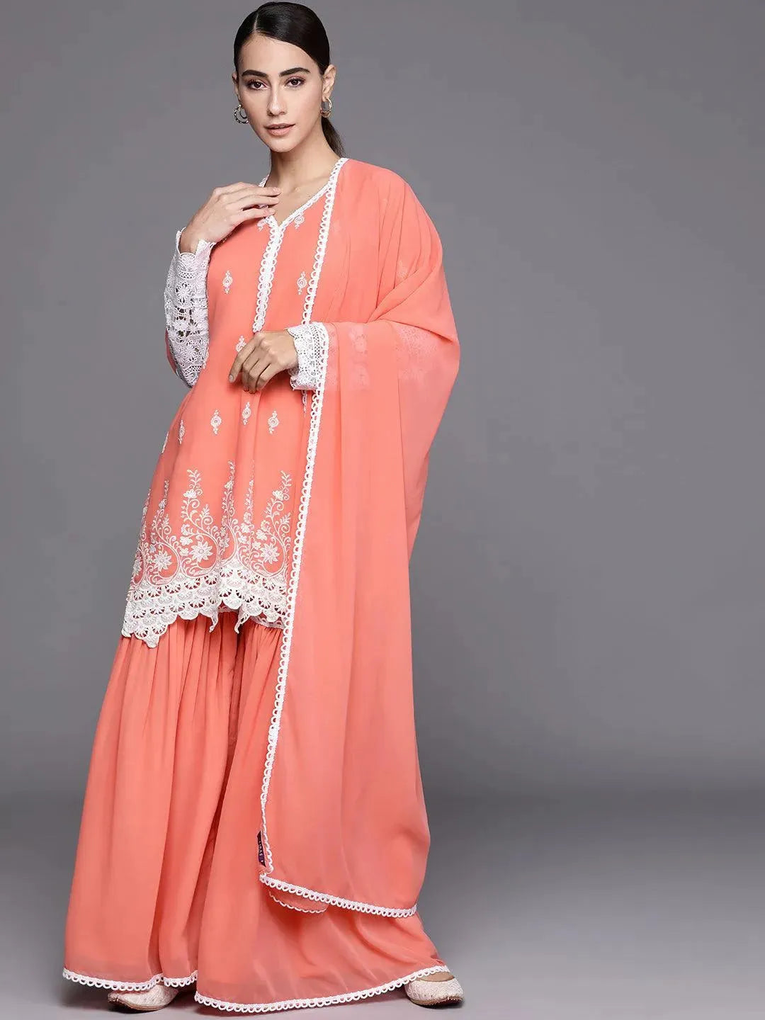 Peach Embroidered Georgette Suit Set - Libas