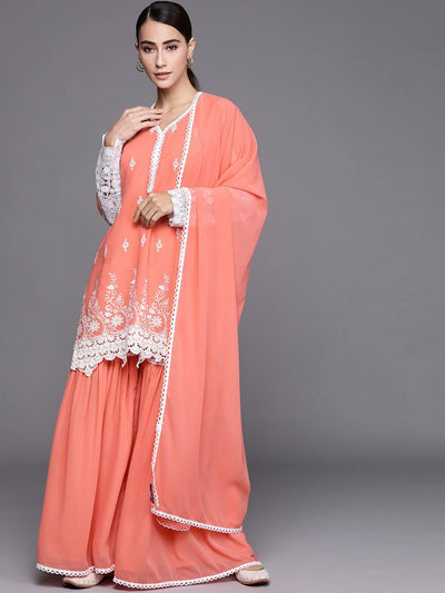 Peach Embroidered Georgette Suit Set - Libas