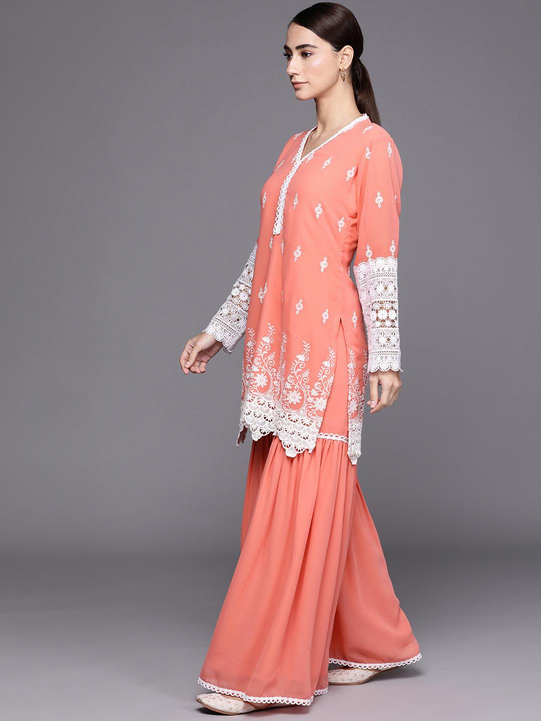 Peach Embroidered Georgette Suit Set - Libas