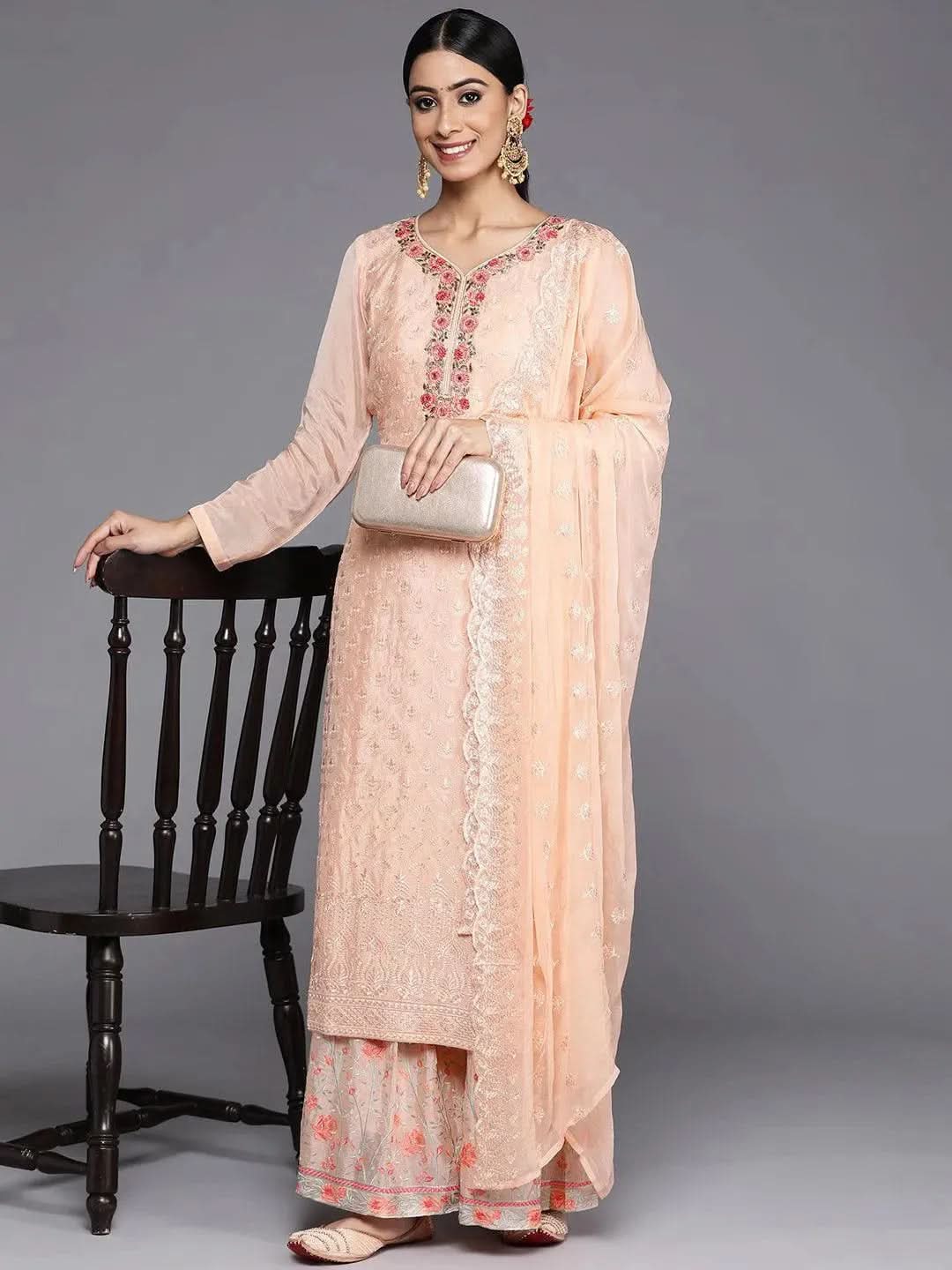 Peach Embroidered Poly Georgette Straight Suit Set - Libas 