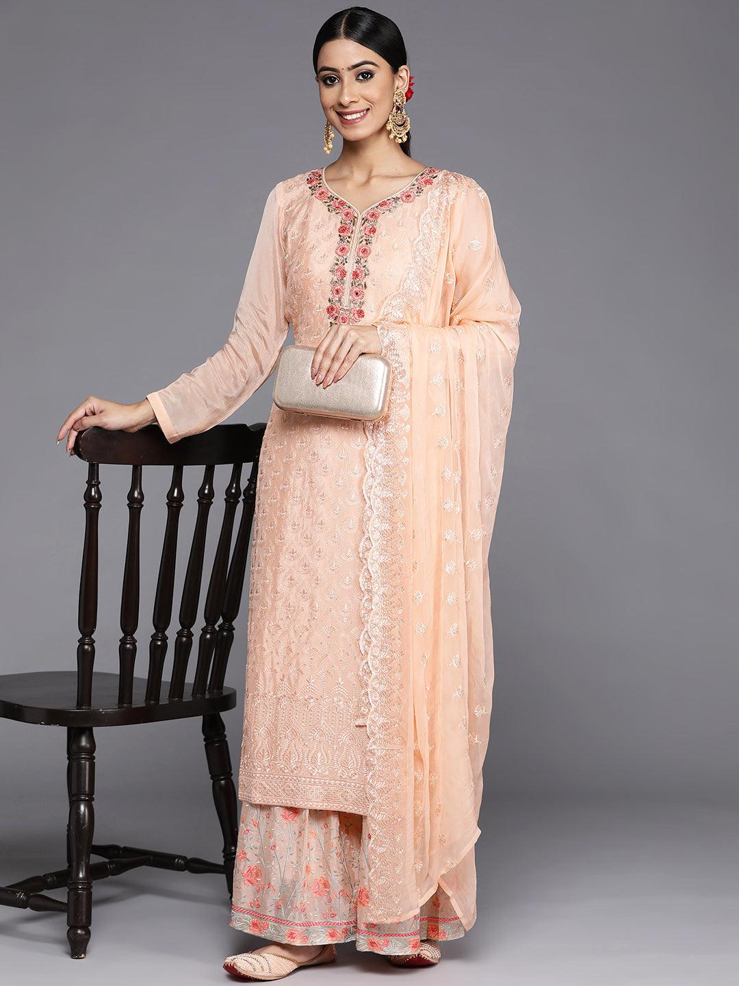 Peach Embroidered Poly Georgette Straight Suit Set - Libas