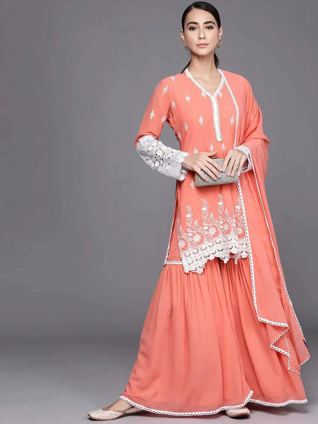 Peach Embroidered Georgette Suit Set - Libas