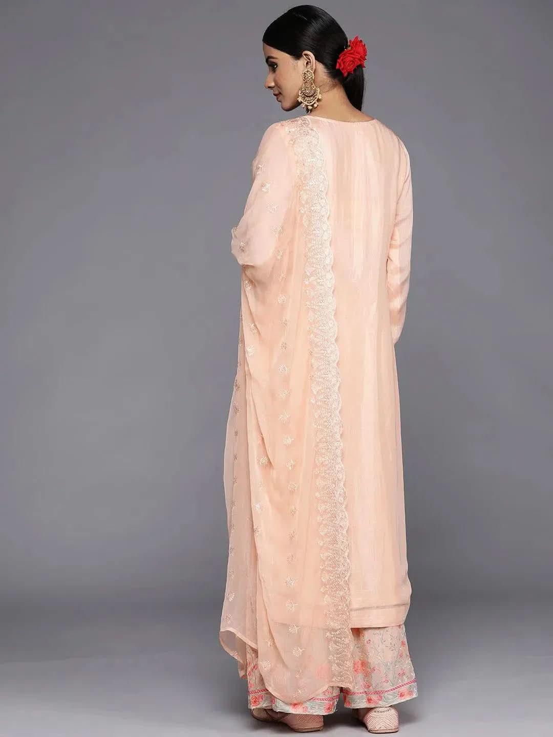 Peach Embroidered Poly Georgette Straight Suit Set - Libas 