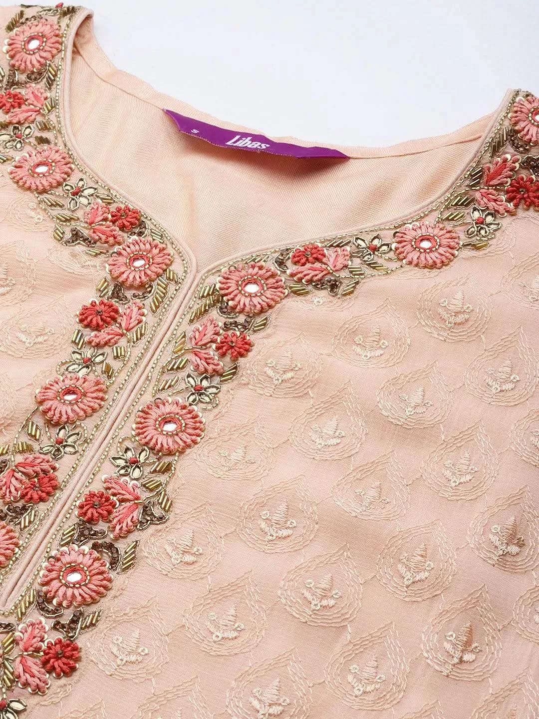 Peach Embroidered Poly Georgette Straight Suit Set - Libas 