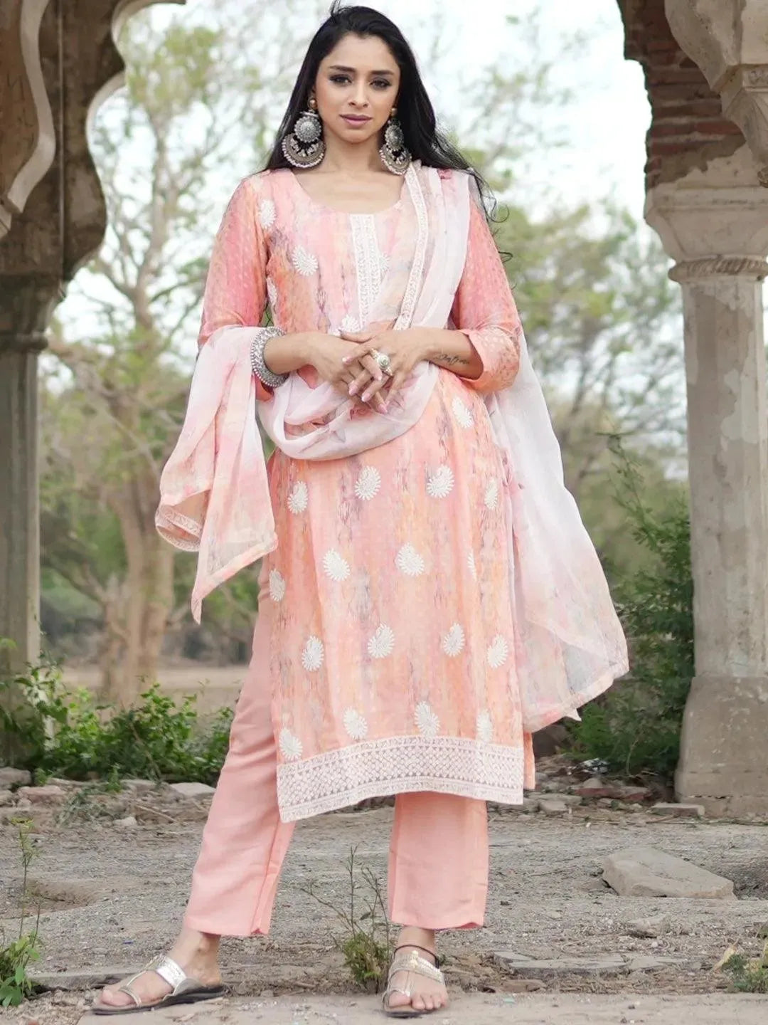 Peach Embroidered Poly Georgette Straight Suit Set - Libas 